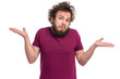 Crazy Bearded Man with funny Haircut showing helpless gesture with arm and hands - I do not know. Male isolated on white background. Shrugging, confused guy making helpless sign and looking at camera.