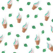 Pattern Of Craft Mint Leaves And Ice Cream