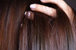© Alessandro Grandini - Close up view of glossy brown hair. Brunette woman long hair flows among defocused fingers. Shampoo product concept. Copy space.