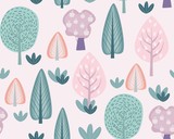 Hand drawn abstract scandinavian graphic illustration seamless pattern with trees and bush.  Nordic nature landscape concept. Perfect for kids fabric, textile, nursery wallpaper.