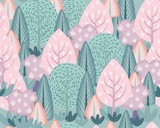 Hand drawn abstract scandinavian graphic illustration seamless pattern with trees and bush.  Nordic nature landscape concept. Perfect for kids fabric, textile, nursery wallpaper.