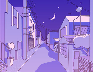 Night asian street in residental area. Peaceful and calm alleyway. Japanese aesthetics illustration, vector landscape for t shirt print. Otaku and hipster fashion design. Violet sky with stars, wires