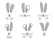 Easter Bunnies Hand Drawn, Face Of Rabbits. Black And White Ears And Muzzle With Whiskers, Paws. Elements For Design Greeting Cards. Vector Illustration