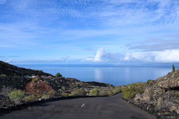 Road trip on La Palma island, view from old asphald road to Atlantic ocean