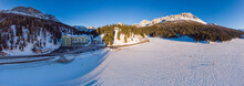 The Panorama Of The Frozen Lake Misurina And Dolomites, Italy. Drone Aerial Photo