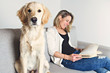© Louis-Photo - A woman with her golden Retriever dog on the sofa reading book