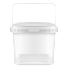 Wall Mural - Transparent square empty plastic pail with handle. Front view mockup isolated on white background..