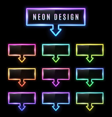 Wall Mural - neon rectangle arrow pointer set with color gradient on black background. light arrows symbol. glowi