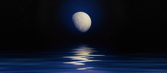 Wall Mural - moonlight night landscape stars reflection in water 3D illustration. trend color 2020