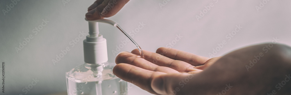 Hand sanitizer alcohol gel rub cleaning hands for hygiene prevention of coronavirus virus pandemic banner panoramic header. - obrazy, fototapety, plakaty 