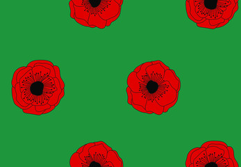 Wall Mural - Vector seamless pattern with hand drawn red poppy on green. Colorful botanical illustration, floral elements. Decorative wallpaper, good for fabric and printing