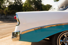 Tail Fin Detail Of Baby Blue Classic Car In Havana, Cuba