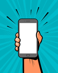 Smartphone in hand. Retro comic pop art vector illustration
