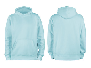 Men's pastel blue blank hoodie template,from two sides, natural shape on invisible mannequin, for your design mockup for print, isolated on white background