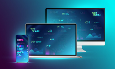 Web development, coding and programming responsive layout internet site or app of devices. Creation digital Software for mobile platforms. Computer code on phone. Concept banner.