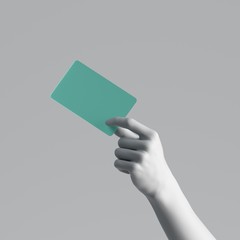 3d render, mannequin hand holding blank green plastic card or pass ticket isolated on white background. Payment metaphor. Modern minimal concept, simple clean design. Artificial human limb body part