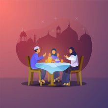 Flat Design Of Iftar Party Or Breaking The Fast With Family For Ramadan Greeting Postcard