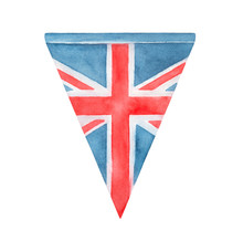 Water Color Illustration Of Union Jack Triangular Bunting Flag. One Single Object. Handdrawn Watercolour Sketchy Drawing, Cutout Clipart Element For Great Britain Themed Party, Sport Event, Parade.