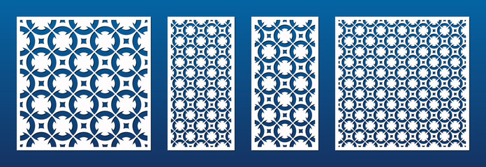 Laser cut panels set. Vector template with abstract ornamental geometric pattern in oriental style, floral grid. Decorative stencil for laser cutting of wood, metal, engraving. Aspect ratio 1:1, 1:2