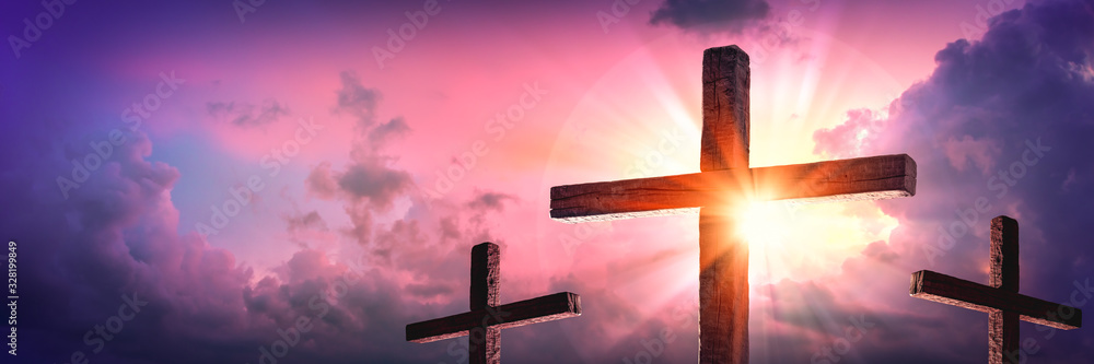 Banner Of Three Wooden Crosses With Sunrise And Clouds Background - Death And Resurrection Of Jesus Christ - obrazy, fototapety, plakaty 