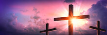 Banner Of Three Wooden Crosses With Sunrise And Clouds Background - Death And Resurrection Of Jesus Christ