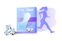 Daily Pads For Active Woman Ad Banner. Hygiene Feminine Product For Every Day Use Or Light Flow Menstrual Bleeding. Realistic Female Body Silhouette, Cotton Flower And Pack Vector 3d Illustration
