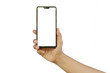 © Arthon - The hand is holding the white screen, the mobile phone is isolated on a white background with the clipping path.