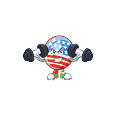 Wall Mural - USA stripes balloon mascot icon on fitness exercise trying barbells