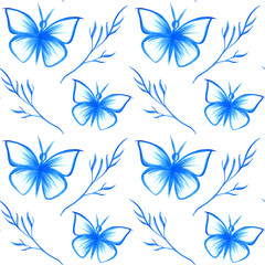  Seamless pattern of blue butterflies and twigs, stylish minimalism, color, lines and shape. Use for packaging design, logo design,or as a print of fabric. Isolated on a white background.