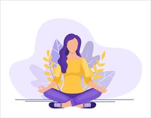 Young Woman Sitting In Yoga Lotus Pose. Concept Of Meditation, The Health Benefits For The Body, Mind And Emotions. Inception And The Search For Ideas. Vector Illustration In Flat Style