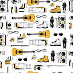 Wall Mural - Vector seamless pattern with isolated elements in yellow, white, black colors. Modern endless texture. Forever young. Boots, flashlight, guitar, sleeping bag, compass, radio, fishing rod, camera