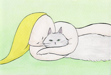 猫と寝る裸の女性