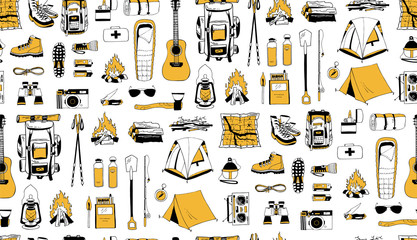 Wall Mural - Vector seamless pattern with isolated elements in yellow, white, black colors. Positive endless texture. Hiking, camping. Backpack, boots, tent, compass, map, flashlight, camera, reusable bottle