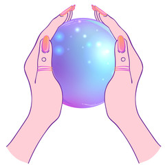 Wall Mural - Female hand holding Magic Crystal Ball isolated on white. Creepy cute vector illustration. Gothic design, mystic magician symbol, pastel colors. Future telling, Halloween concept.