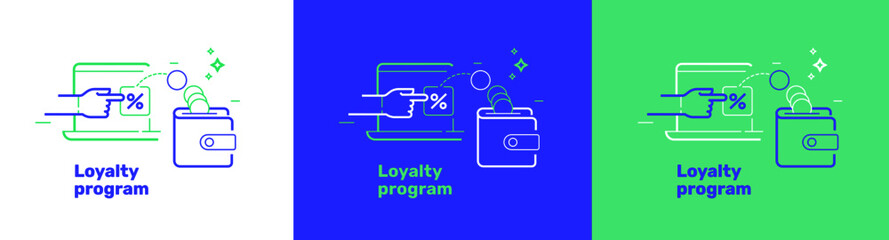 Loyalty program template for web site or banners. Refer bonus for friends or customers. Money reward, cashback benefit icon with hand and coins wallet. Isolated vector illustration on white backdrop