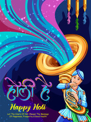 Sticker - illustration of colorful promotional background card design for Festival of Colors celebration with message in Hindi Holi Hain meaning Its Holi