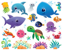 Vector Illustration Of Sea Animals Cartoon Set