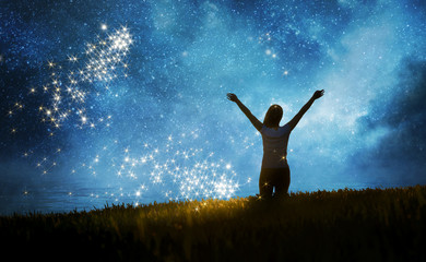Wall Mural - girl watching the stars in night sky fantasy landscape