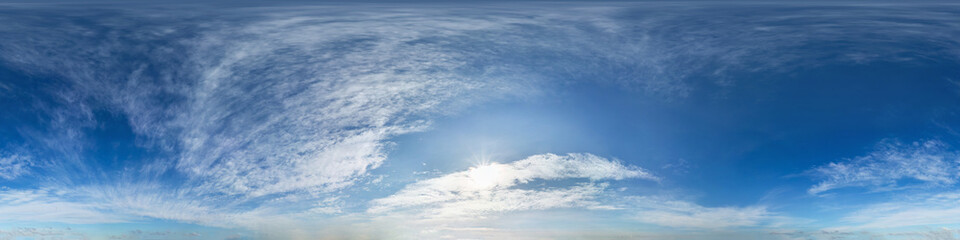 Seamless hdri panorama 360 degrees angle view blue sky with beautiful cumulus clouds with zenith for use in 3d graphics or game development as sky dome or edit drone shot