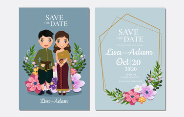 Wall Mural -  Wedding invitation card the bride and groom Thai cute couple cartoon character.Colorful vector illustration for event celebration 