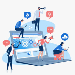 Laptop and web development team. Web development vector illustration.  