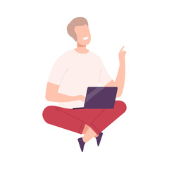 Sticker - Young Man with Modern Digital Gadget, Guy Sitting on the Floor with Crossed Legs and Communicating Using His Laptop Flat Vector Illustration