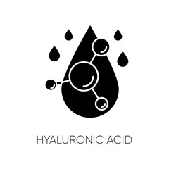 Poster - Hyaluronic acid black glyph icon. Hydrating formula. Collagen to prevent wrinkles. Water drop. Korean beauty. Cosmetic ingredient. Silhouette symbol on white space. Vector isolated illustration