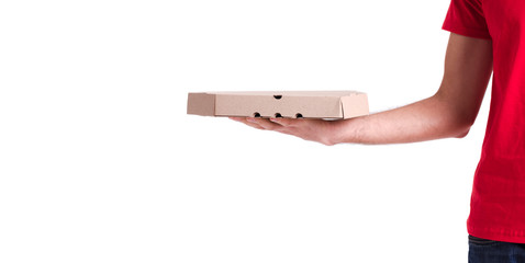 Man holding a pizza box isolated over white background