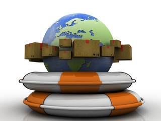 3d rendering Cardboard boxes with globe in life belt