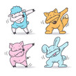 Set of cute cartoon characters in dub dance poses. Hand drawn sheep, fox, pig, rabbit doing dabbing. Vector Illustration for kids isolated on white background.