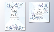 Set Of Wedding Invitation Cards With Blue Floral And Leaves  Template Design