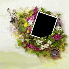 Wall Mural - Spring scrapbook frame for photo with purple lilac on green background. Spring blossom mood. Decorative frame in scrapbook style with lilac flowers. Romantic theme. Spring, summer and flowers theme