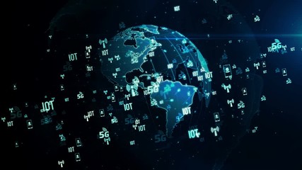 Wall Mural - 5g mobile communications, iot and digital wireless network symbols on rotating digital globe loopabl