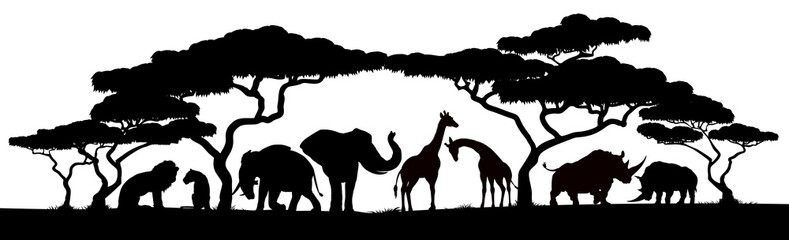 african safari animals and trees in silhouettes scene